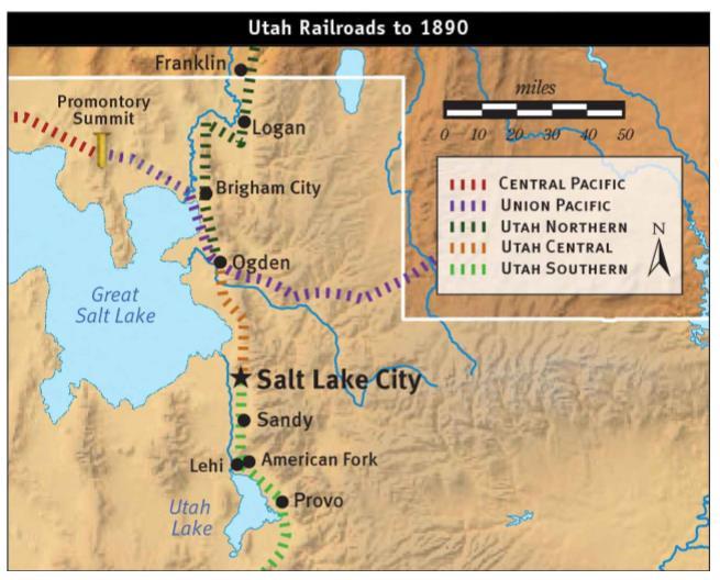 Connecting Utah Meanwhile, Utah became more interconnected itself. Railroads sprang up to connect the state.