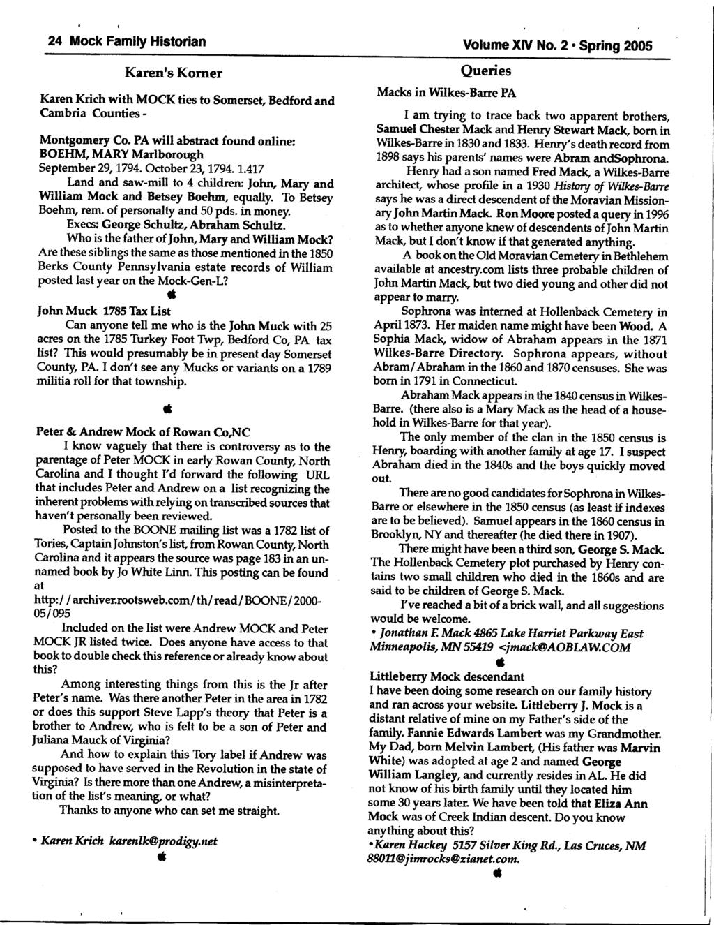 24 Mock Fmily Historin VolumeXlV No. 2' Spring 2fi15 Krentg Korner Kren Krich with MOCK ties to Somerset, Bedford nd Cmbri Counties - Montgomery Co.