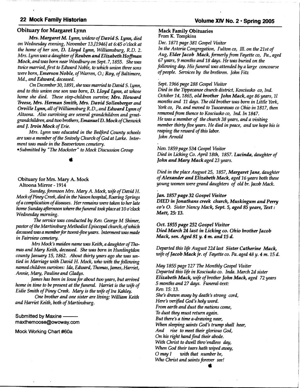 22 Mock Fmily Historin Volume XIV No. 2. Spring 2005 Obitury for Mrgret Lynn Mrs. Mrgret M, Lynn, widout f Doiil S, Lym, died on Wednesdry rcning, Nouenfuer 13,[L946] t 6:45 o'clock.