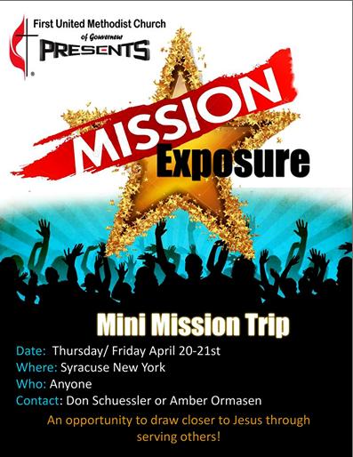 Mission Exposure An overnight Mission Exposure trip will take place Thursday afternoon (3PM) through Friday afternoon (3PM) April 20 21.