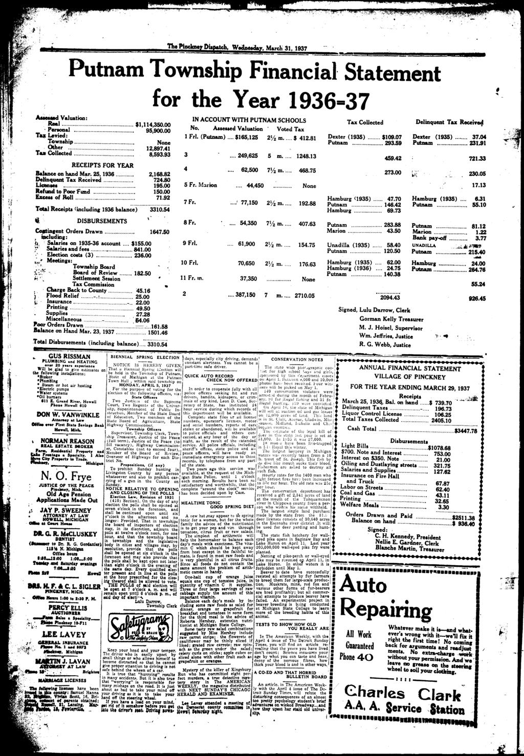 a*!w ytw Pjnj l..y',m» ;s? SSff Uyach, WeoWday, March 31, 1937 Punam Townshp Fnancal Saemen for he Year 1936-37 0 Aesed aluaon: Real $1,114,350.00 - Personal 95,900.