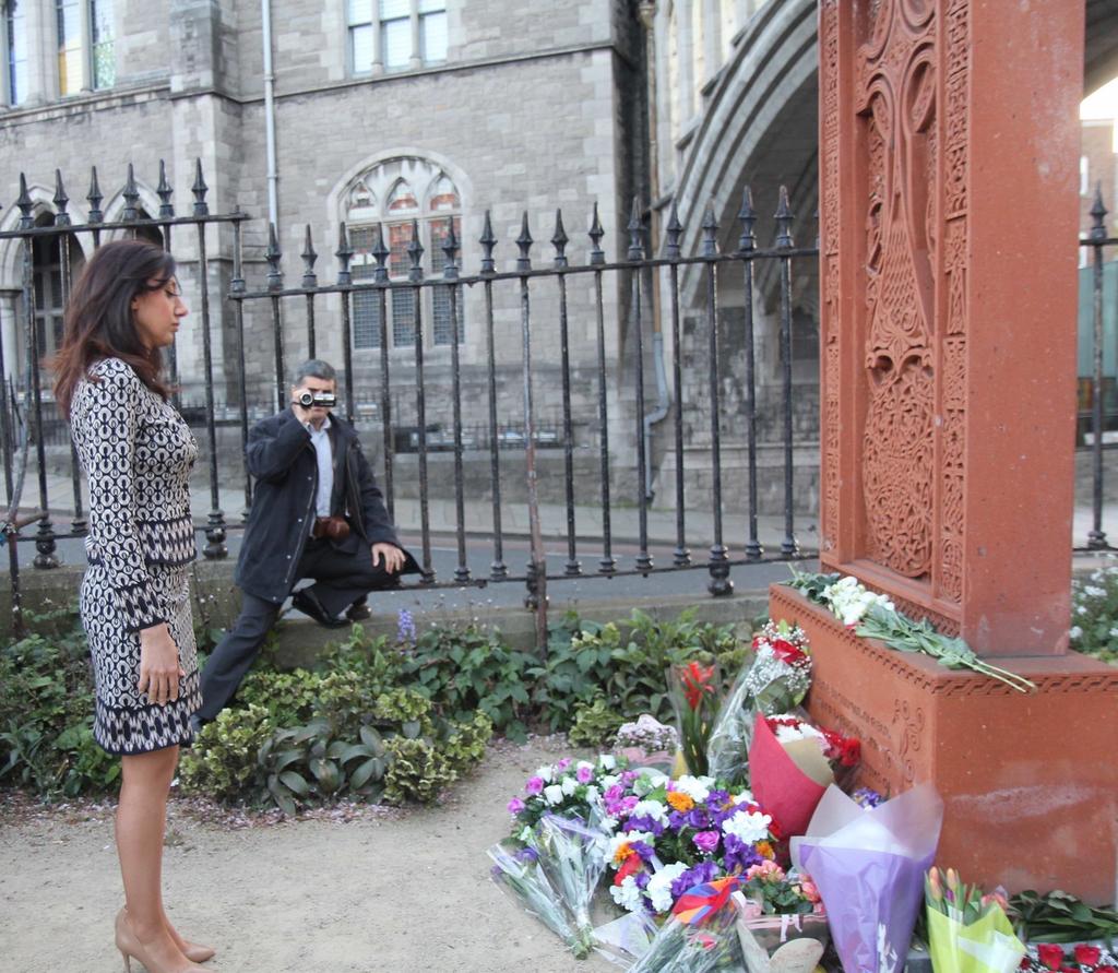 Ms Hayarpi Dermeyan, Consul at the Embassy of Armenia in the Uk and Ireland lays a wreath at the Khachkar Memorial rights and human rights law and said the failure to acknowledge properly the wrongs