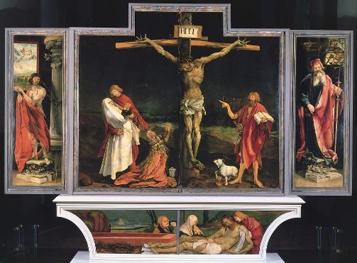 This drawing is known as Isenheim Altarpiece Painting by Matthias Grünewald. This painting is now conserved in the museum, but originally in the chapel of the hospital located in Isenheim, Germany.