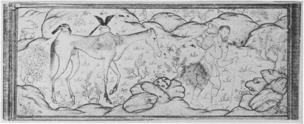 ABOVE: A sick horse and his rider. Tinted drawing in the style of Ustad Muhammadi, Persian, Safavid period, second half of the xvi century. BELOW: Lovers in a landscape.