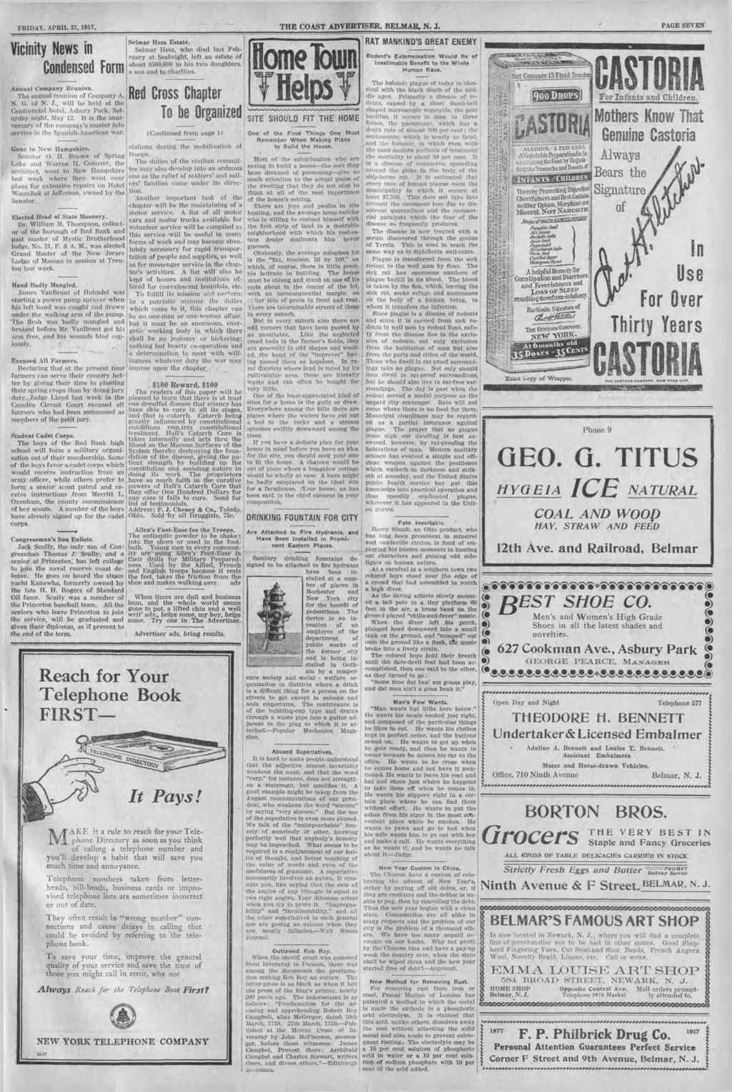 FRDAY, APRL 27, 97. THE COAST ADVERTSER, BELMAR, N. J. PAGE SEVEN Vcnty News n Condensed Form Annual Company Reunon. The annual reunon of Company A, N. G. of N. J., wll be held at the Contnental hotel, Asbury Park, Saturday nght, May 2.