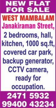 ft, UDS 474 sq.ft, ground floor, 2-wheeler parking, price Rs. 60 lakhs, no brokers. Ph: 9840158157. T. NAGAR, No. Sarangapani Street, near PSBB & Vidodaya Schools, 2 bedrooms, hall, kitchen, 906 sq.