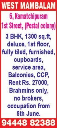 WEST MAMBALAM, Postal Colony, 3 bedrooms, big hall, pooja room, balcony, 1350 sq.ft, 3 years old, covered car park, road facing, prime area, no brokers. Ph: 88254 87907. Email: realrange001@gmail.