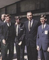 Top: A portrait of President Monson in the 1960s. Above: With members and missionaries in Germany.