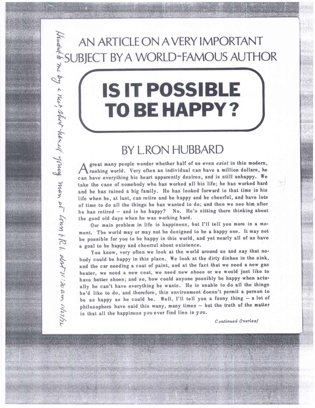 A4?,1.2: Ș,',, AO; AN ARTICLE ON AVERY IMPORTANT 4_,*- SUBJECT BY A WORLD FAMOUS AUTHOR _. Qs, r IS IT POSSIBLE TO BE HAPPY? BY L.