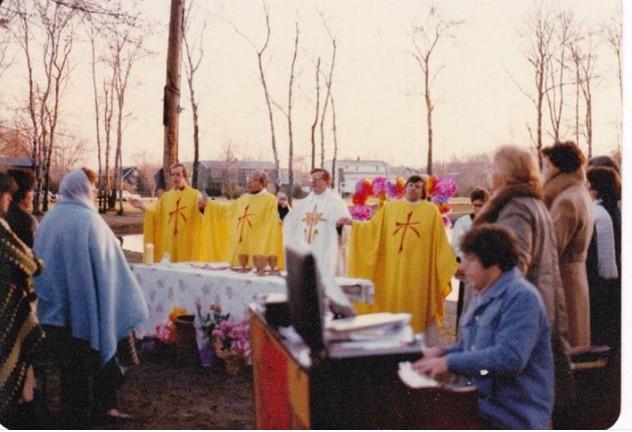 A Blast From the Past... This photo was taken on April 6, 1980 Easter Sunday. Holy Spirit held its Sunrise Mass in Greenview Park. The four celebrants are (L to R): Fr. Frank Mullaney, Fr.