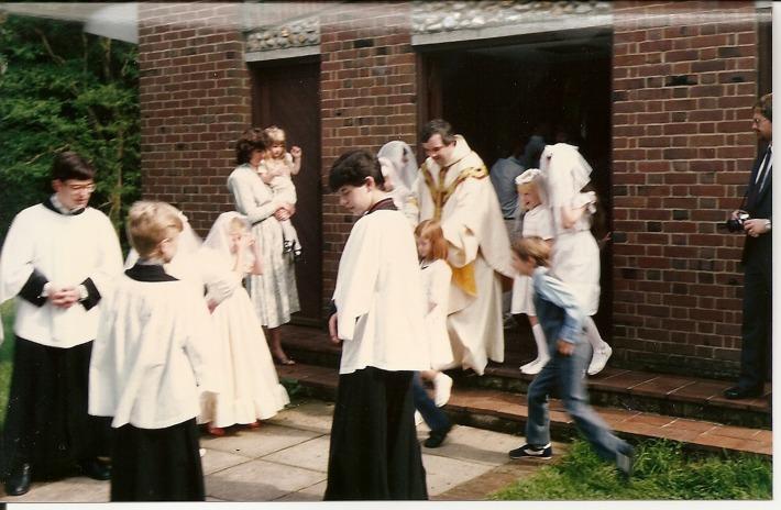 First Communions 1985 with the communicants waiting with Fr.