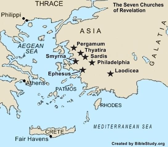 Seven Churches in Revelation Ephesus Revelation 2:1-7 Smyrna Revelation 2:8-11 Pergamum Revelation 2:12-17 Thyatira Revelation 2:18-29 Sardis Revelation 3:1-6 Philadelphia Revelation 3:7-13 Laodicea