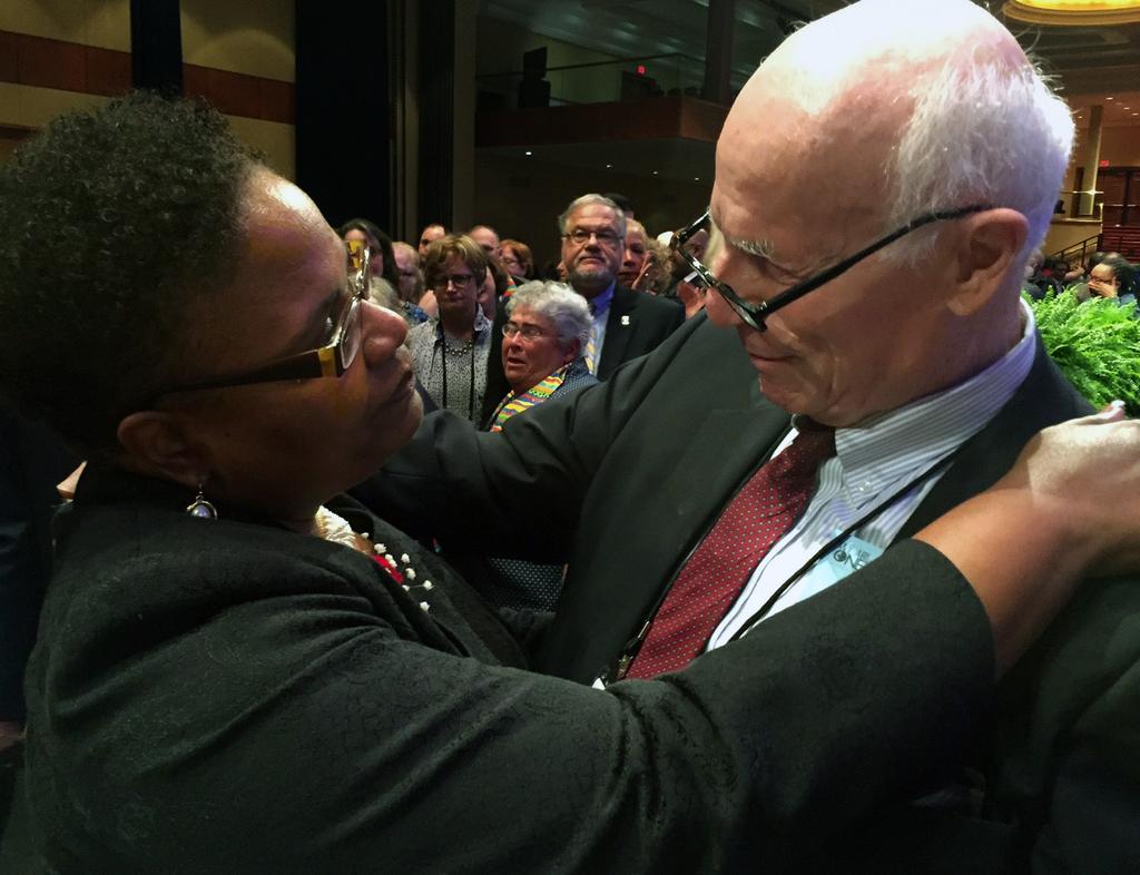 GOOD NEWS: Judicial Council Victories Help Bring Accountability The Rev. J. Phil Wogaman (right) and Bishop LaTrelle Miller Easterling greet each other during the 233rd session of the Baltimore Washington Conference in Washington, D.