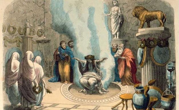 At the temple of Apollo at Delphi, the Pythia sat atop a gilded tripod, beneath which was a chasm in the rock at the base of the temple.