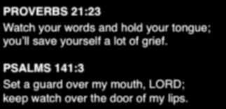PROVERBS 21:23 Watch your words and hold your tongue; you ll save yourself a lot of grief.