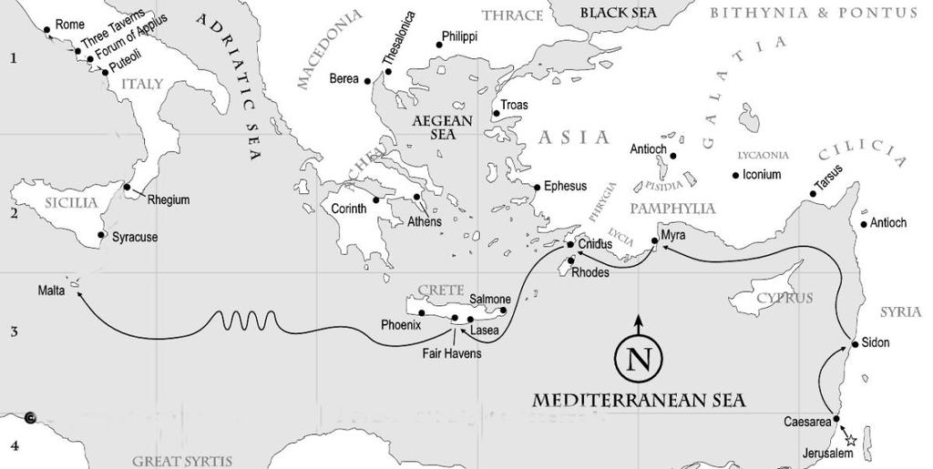 5. As you read chapter 28, use the map below to retrace Paul's journey from Malta to Rome. PAUL'S MINSTRY ON MALTA: Read Acts 28:1-10 1. Acts 28 begins with the words, Now when they had escaped.