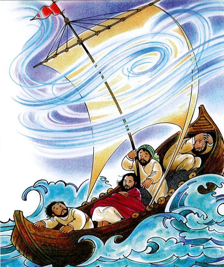Jesus Calms a Storm Luke 8:22-25 Jesus friends were very afraid in their boat. There was rain and wind, thunder and lighting. They were very afraid. Jesus helped his friends.