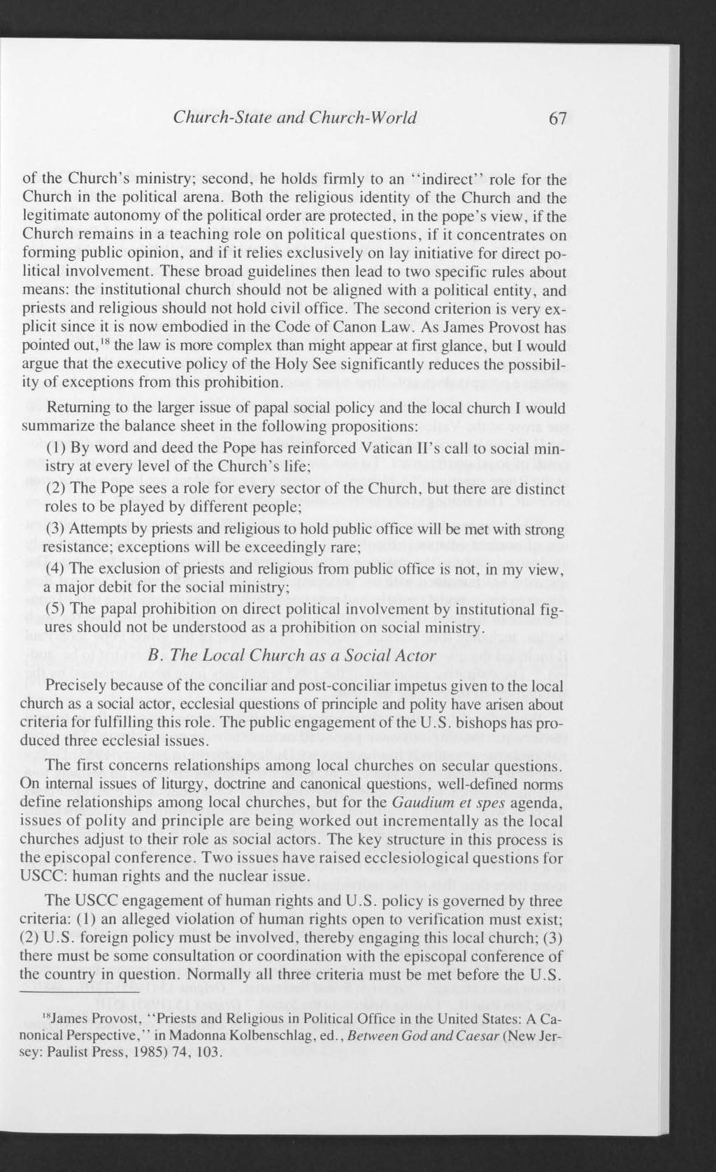 Church-State and Church-World 67 of the Church's ministry; second, he holds firmly to an "indirect" role for the Church in the political arena.