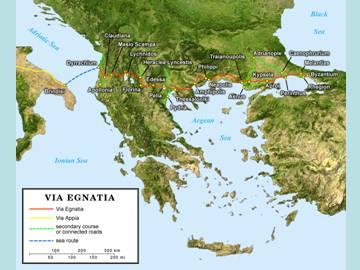 Thessalonica. He would have kept going to Dyracchium and then crossed to Adriatic Sea to Italy landing at Brindisi and then continuing overland up to Rome.