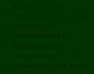 Activities of the Local Church (Acts 2:41 47) 1. Doctrine (Acts 2:42) 2. Ordinances (Acts 2:41 42, 46) 3. Prayer (Acts 2:42) 4. Evangelism (Acts 2:47) 5. Worship (Acts 2:47) 6.