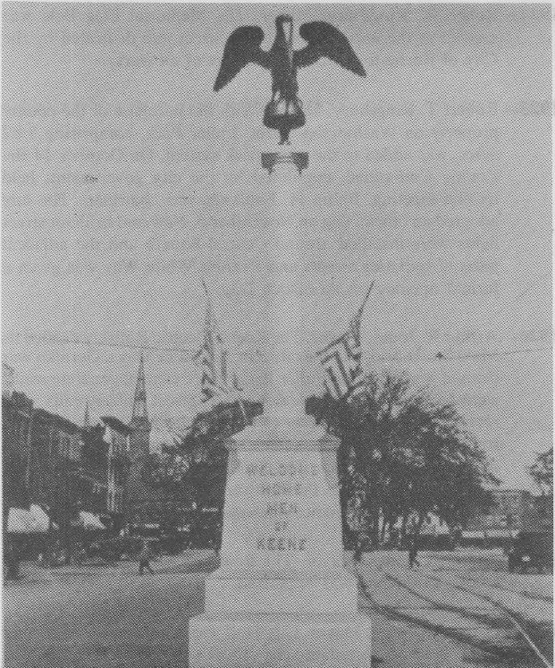 World War I Memorial bronze eagle atop column was made around 1827 and used as a hotel sign for years 1923 Robert T. Kingsbury, Mayor. Miss Mary B.