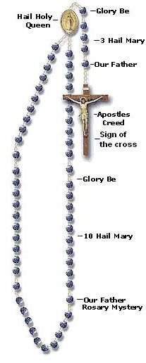 Basic Rosary Guide 1. At the crucifix, begin with the Sign of the Cross and say the Apostles Creed. 2. On the first large bead say the Our Father prayer 3. Followed by three Hail Mary prayers.
