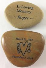 STONE SIZE & COLOR: Engraved River Stones measure approx. 1 1/2" - 3 1/2". Natural stones vary in size and shape. Colors range from browns, tans, and greys and stones will come in a mix of colors.