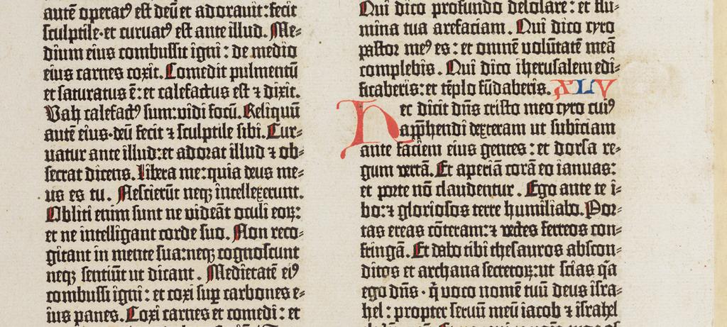 Gutenberg Bible Leaf Gutenberg Bible Leaf, in Latin Isaiah 43-45 Printed by Johannes Gutenberg Cotton rag paper Mainz (Germany) ca. 1455 MOTB.INC.