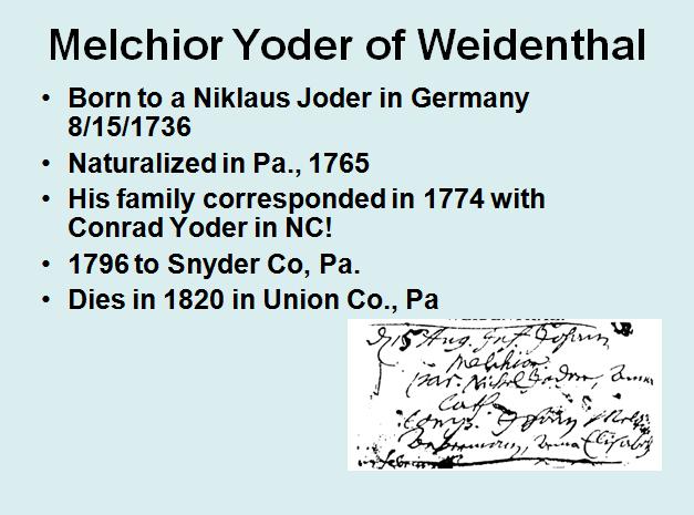 Melchior Yoder We have learned over the years that Melchior Yoder was born in Weidenthal in 1736 to a Niclaus Joder,