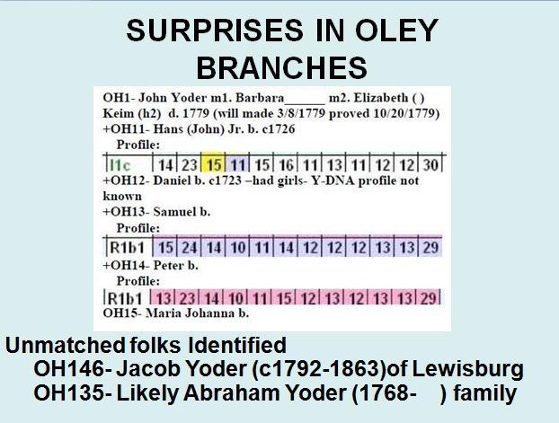 Surprise in the Oley Branch Early in the testing, we had a big surprise in the Oley branch. John Yoder, born c1700, was the son of Hans the immigrant. He had a family of 4 boys.