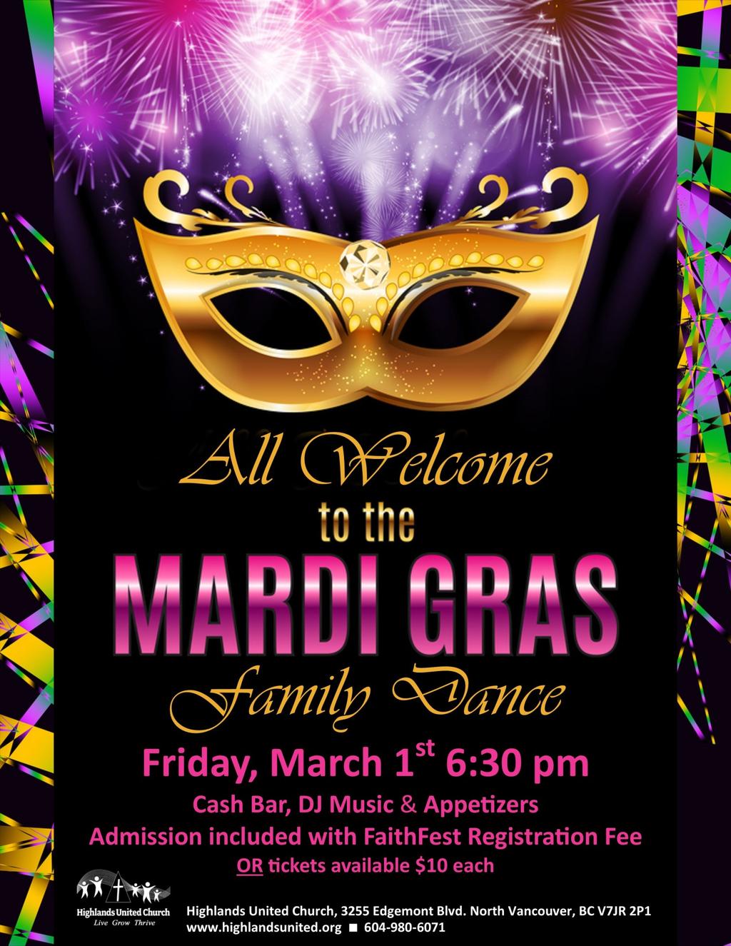 The Mardi Gras Family Dance is part of the FaithFest weekend. The dance admission price is included in your FaithFest registration fee.
