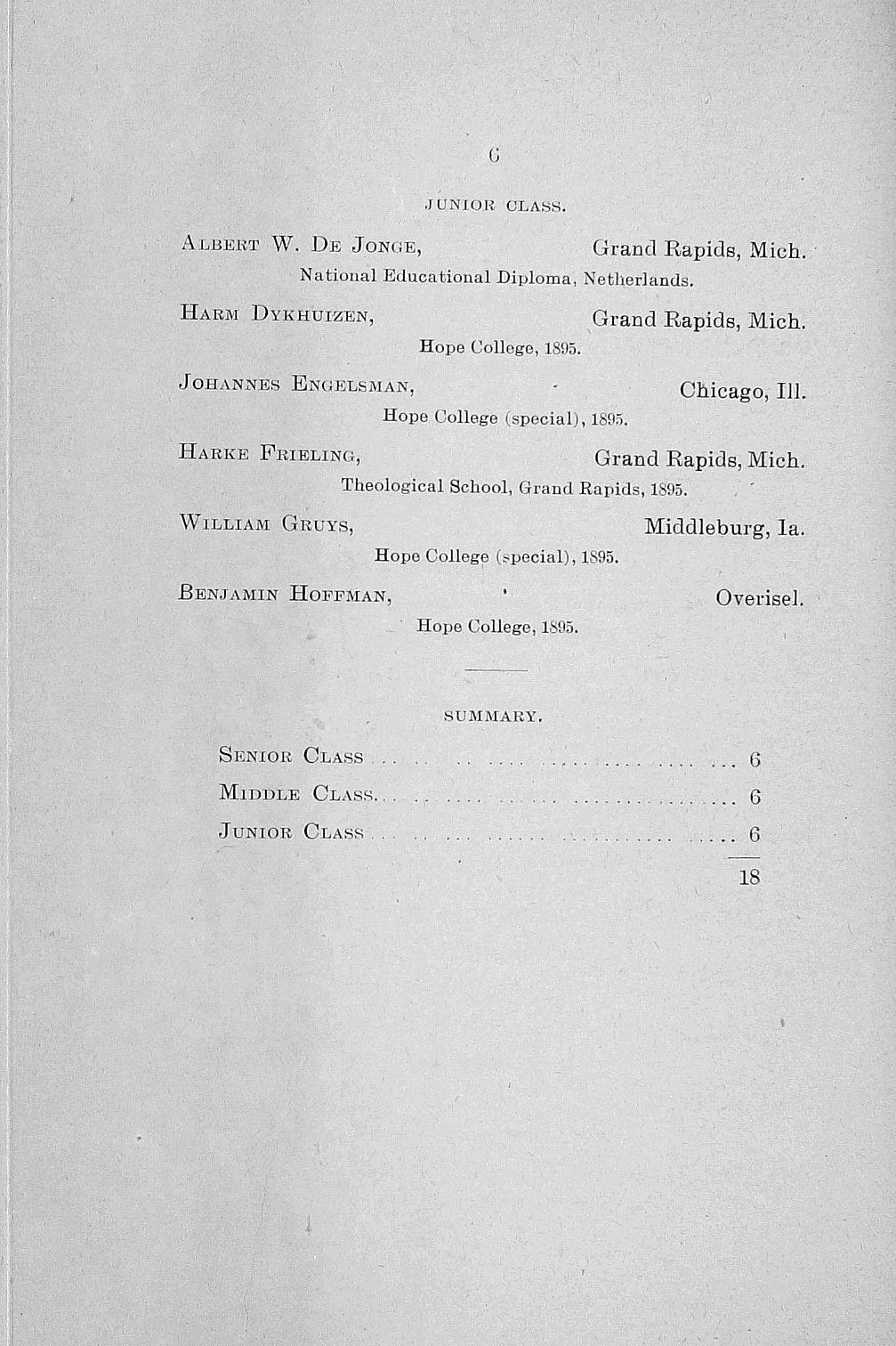 G JUNIOR CLASS. Albert W. De Jonoe, Grand Rapids, Mich. National Educational Diploma, Netherlands. Harm Dykhuizen, Grand Rapids, Mich. - Hope College, 1895.