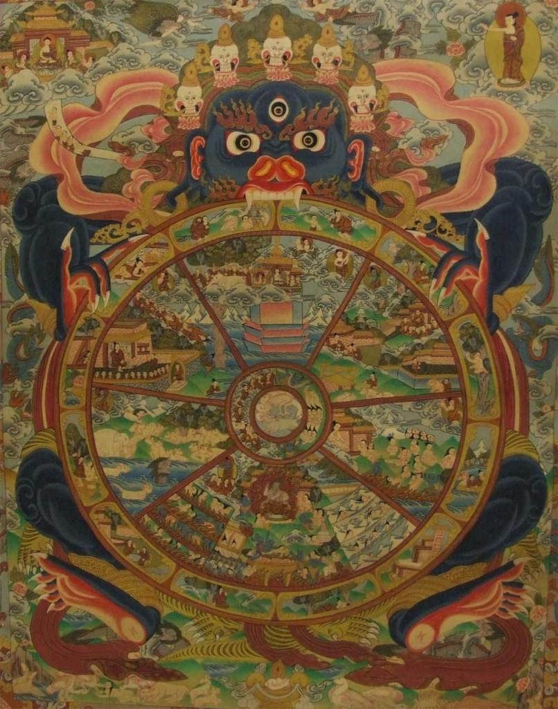 The wheel of life is held or supported by a wrathful deity that usually represents Yama, the god of