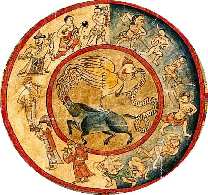 The inner circle At the center of the wheel of life there is a smaller circle. The wheel turns eternally, powered by the three animals in it: a rooster, a snake and a pig.