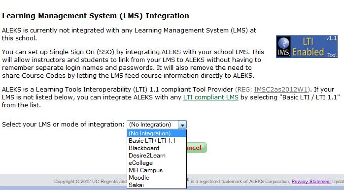 School level integration The ALEKS administrator selects the school s folder and then, clicks on the LMS Integration link.