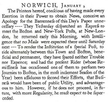 Fig. 18: Norwich Packet, Vol. II No. 70, 26 Jan. - 2 Feb. 1775 <-Fig. 19: Norwich Packet, Vol. II No. 70, 26 Jan. - 2 Feb. 1775 In their issue of 5 Jan. 1775 (Fig.