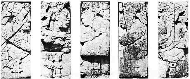 Fig. 8 Palenque: House C - Figures on the Basal Platform absence of belts and headdresses: the hair is undone and apparently knotted.