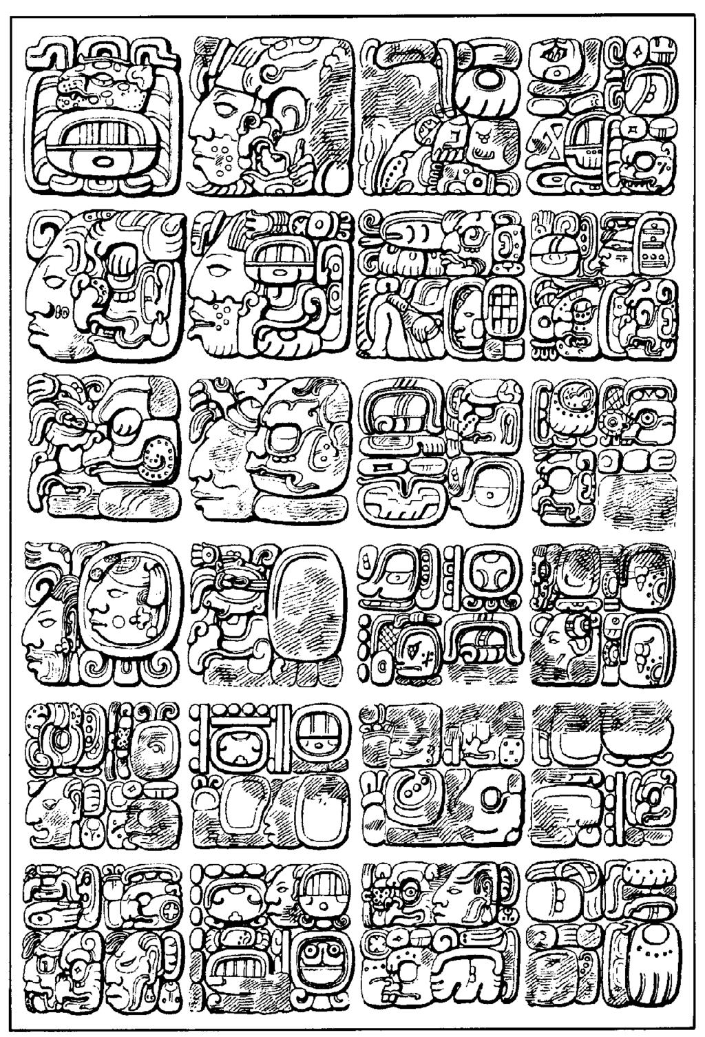 On the northern side, the date 7 Ben 11 Uo is followed by a glyph T23:130:181 in the Thompson (1962) system of transcribing the Maya glyphs, and a skull compound.