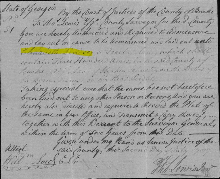 1787: Warrant issued to Elizabeth Lindsey for 300 acres on the waters of the Beaver Dams: Source: "Georgia, Headright and Bounty