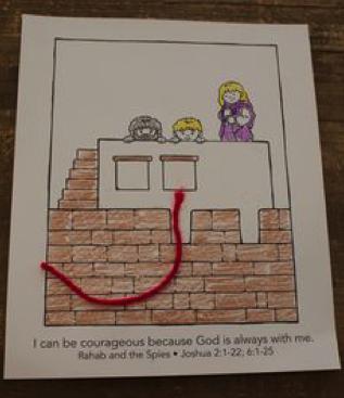 CRAFT WEEK 1 Rahab and the Spies What You Need: Rahab Helps the Spies Activity Page on white cardstock, crayons, red yarn, and white glue Before the Activity: Place the crayons in the center of the