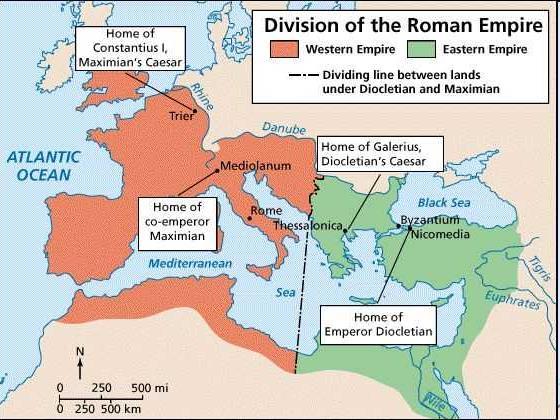 The western empire kept the name of Rome, while the eastern empire took the name of Byzantium. By A.D.