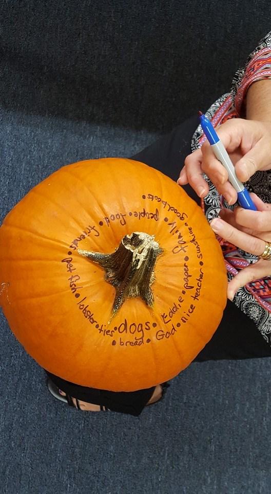Each week we are adding words that reflect who God is to us. Ask your children about our "Thankful Pumpkin." We intend to fill our pumpkin in the next several weeks.