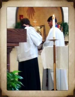stand on either side of the Priest and Deacon. The Offertory gift bearers will give the gifts to the Priest. The Priest will hand the Cruets to an Altar Server and Ciborium to the other Altar Server.
