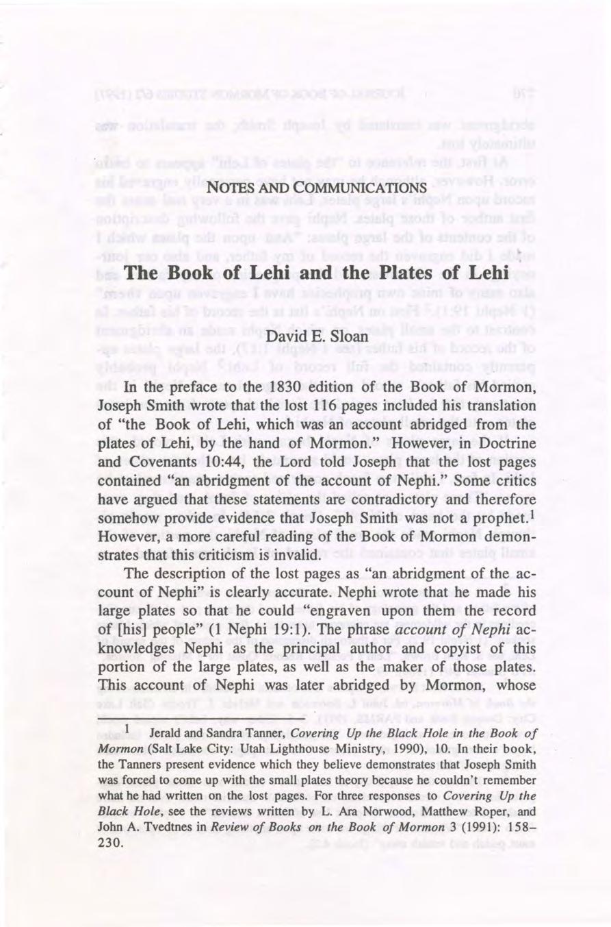 NOTES AND COMMUNICATIONS The Book of Lehi and the Plates of Lehi David E.