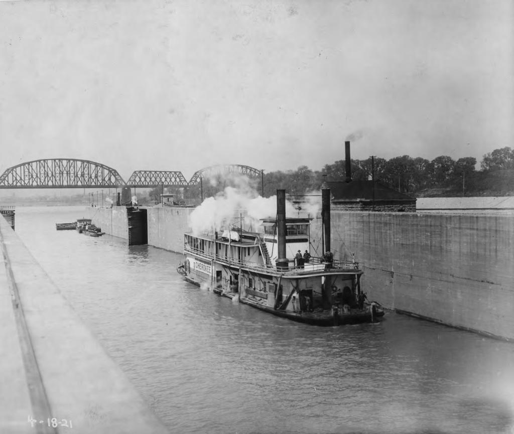 The Third Phase The Corps towboat Cherokee made the first test lockage at Lock 41 on April 18, 1921, and the new 600-foot lock officially opened to commercial traffic on May 1.