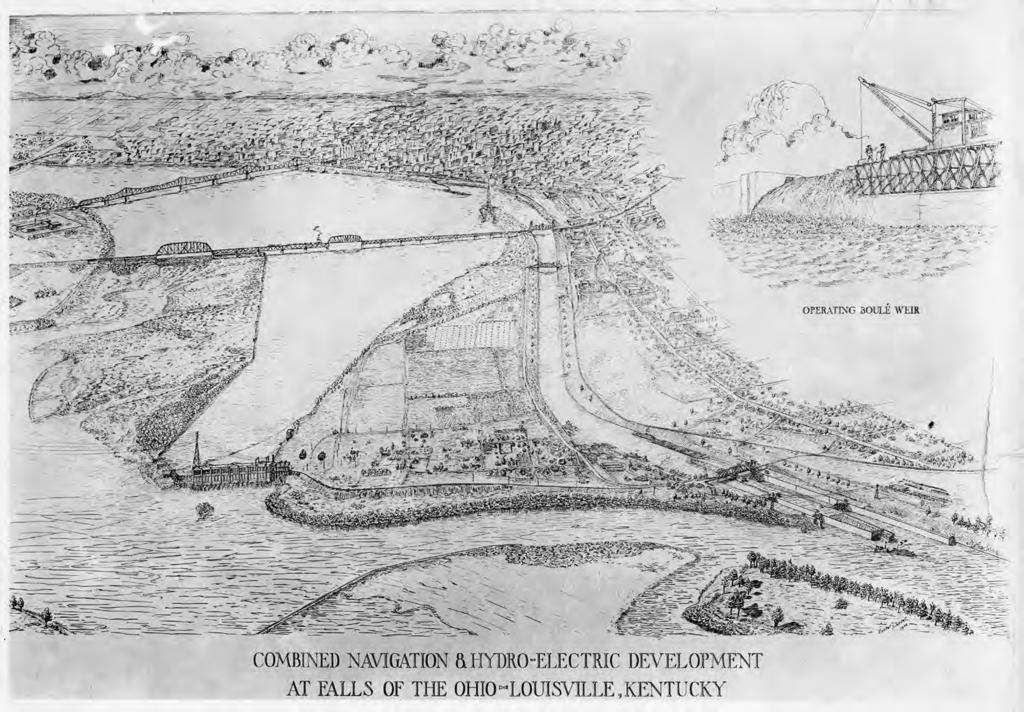 Power On The Falls This drawing shows the locks, Shippingport, hydroelectric station, and