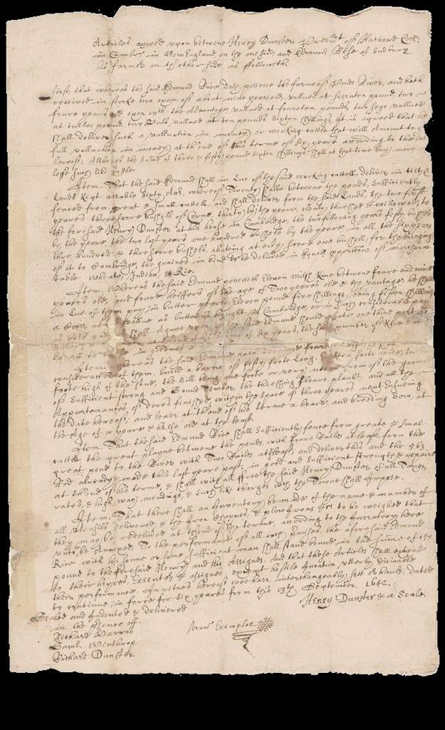 Establishing the Homestead 1642-43 Original lease of nearby land 13 Sep 1642 from Henry Dunster House by old spring built by