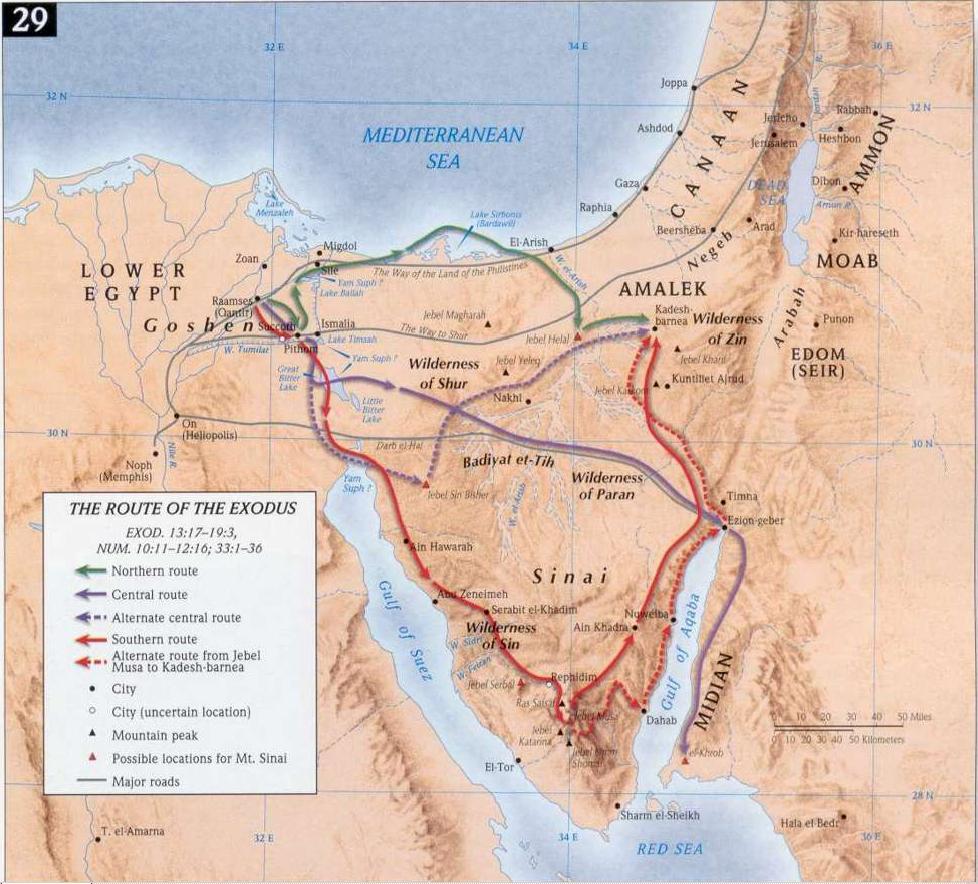 For completeness sake, I included an e-sword map that show more traditional routes of the Exodus (which I don t