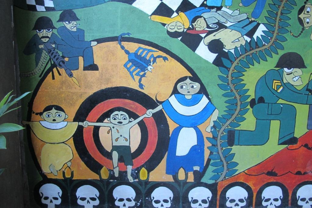 reach. A mural shows the violence of the Salvadoran civil war (1980-1992), when the army waged a scorched earth policy against communities caught in the conflict zones.