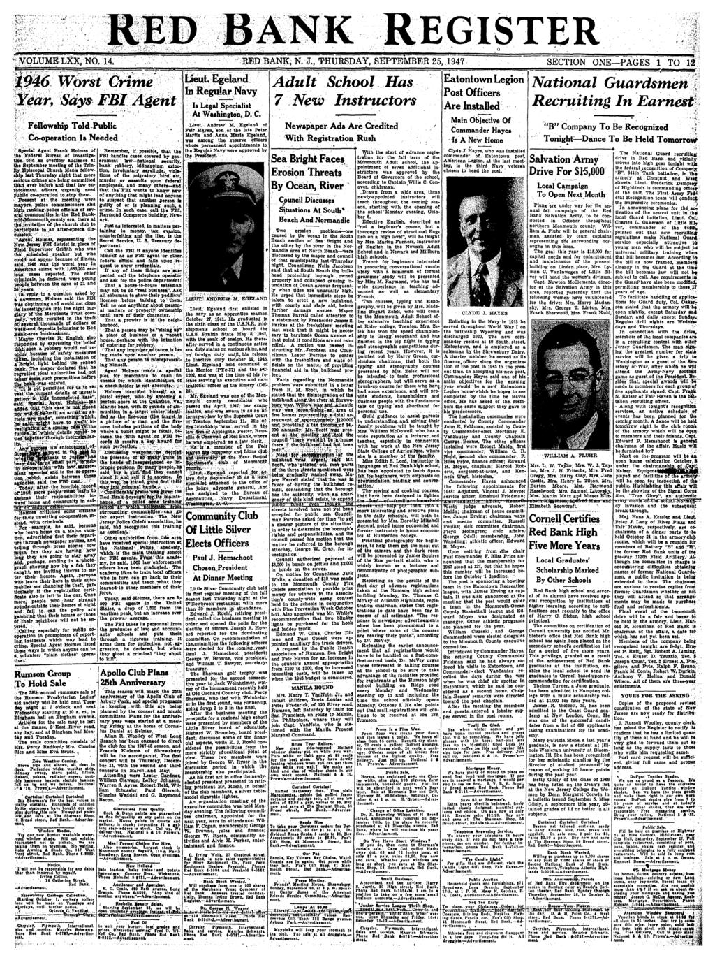 "^^.. *v. EGISTER LXX, NO. 14. BANK; N. J., THURSDAY, SEPTEMBER 25,,1947 SECTION ONE PAGES 1 TO 12 Fellowship Told Public Co-operation Is Needed Special Agent Frank Holmes of.